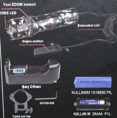 Şarjlılı , Zoomlu Taktik Hafif Silah Feneri