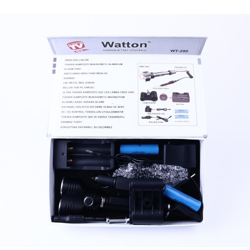 Orjinal 1600 Lümen Tx6 Çift Başlı Şarjlı Özel Avcı Feneri Watton Wt-250